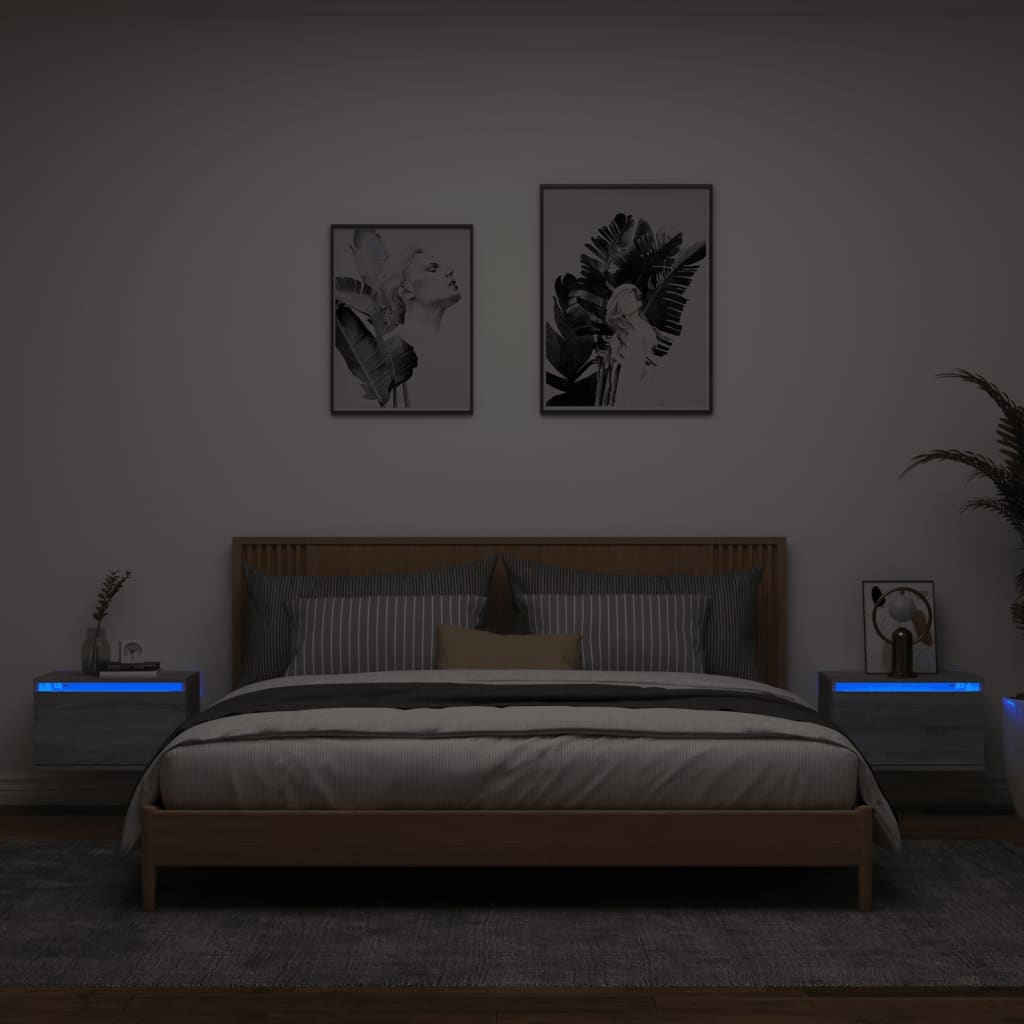 vidaXL Mesitas de noche de pared con luces LED 2 unidades gris Sonoma