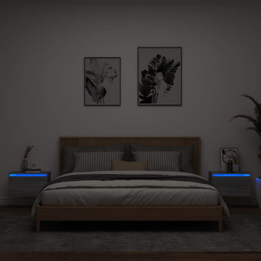 vidaXL Mesitas de noche de pared con luces LED 2 unidades gris Sonoma