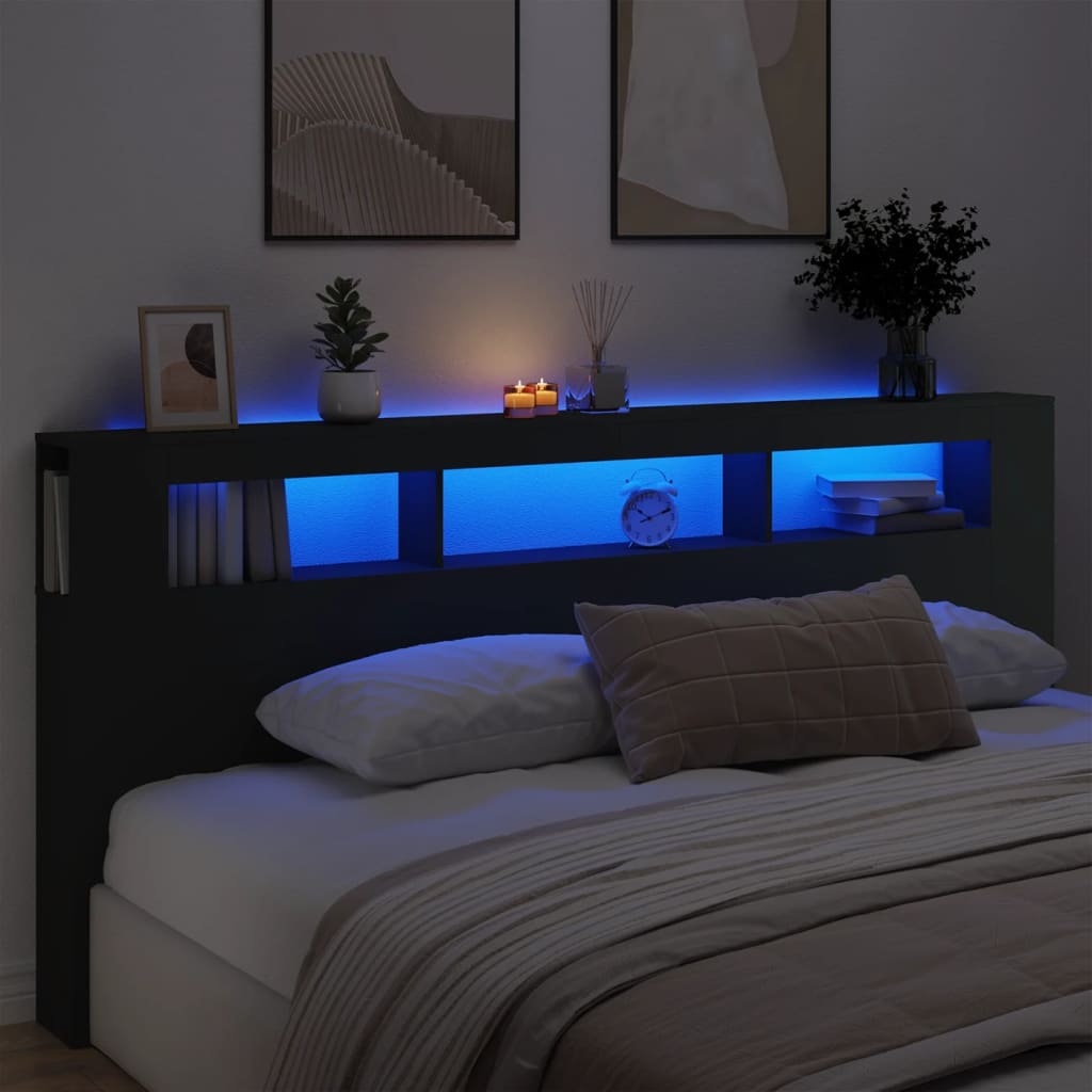 vidaXL Cabecero con LED madera de ingeniería negro 220x18,5x103,5 cm