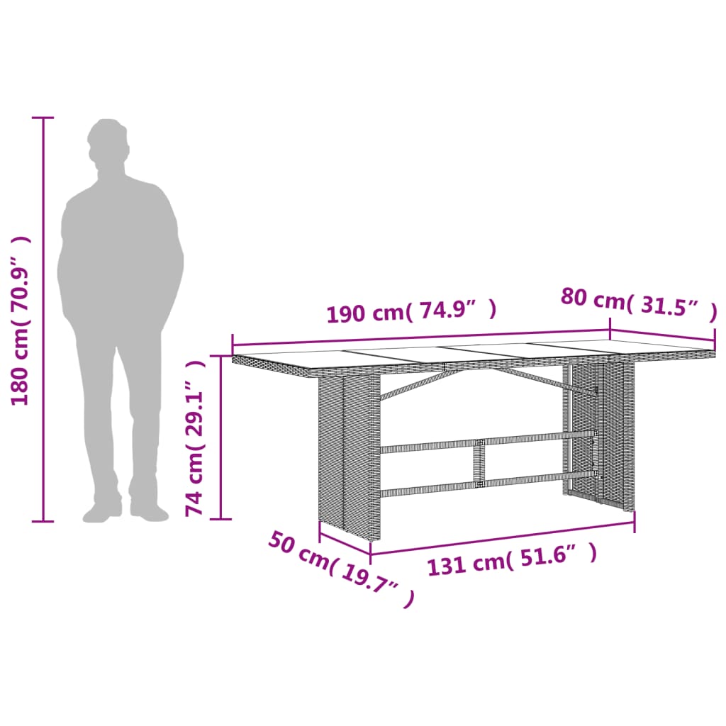 vidaXL Mesa de jardín superficie de vidrio ratán PE gris 190x80x74 cm