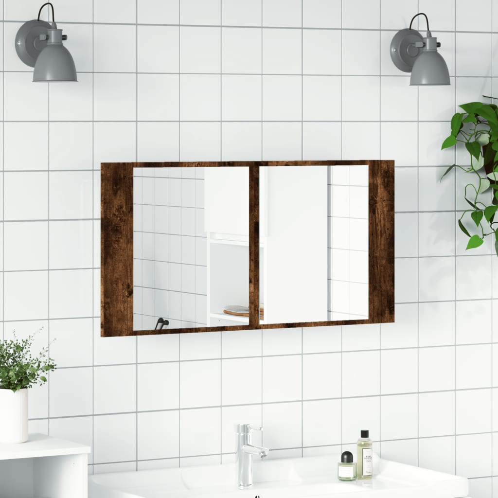 vidaXL Armario espejo de baño LED acrílico roble ahumado 90x12x45 cm