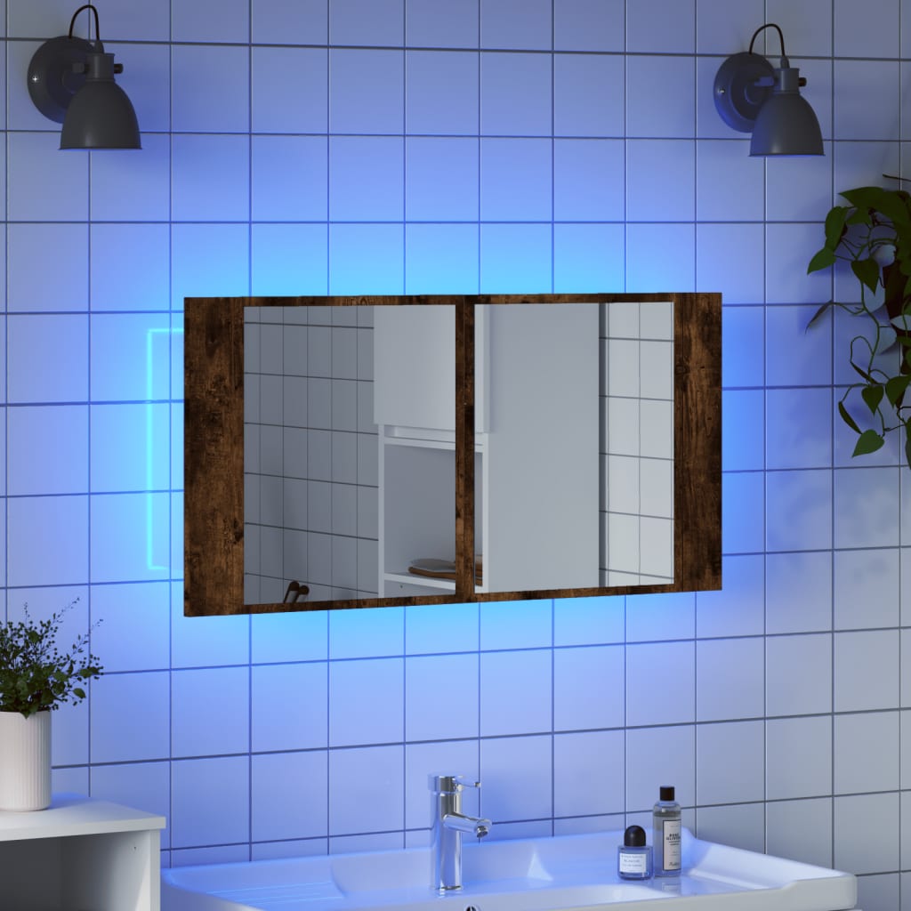 vidaXL Armario espejo de baño LED acrílico roble ahumado 90x12x45 cm