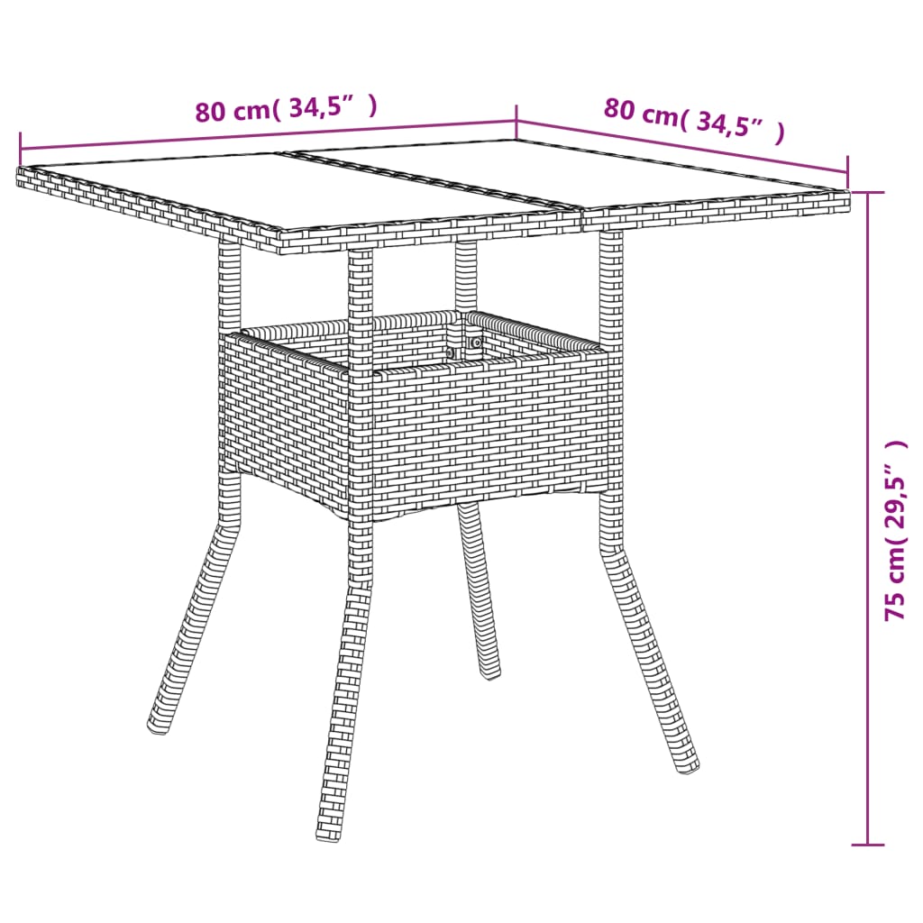 vidaXL Mesa de jardín superficie de vidrio ratán PE marrón 80x80x75 cm