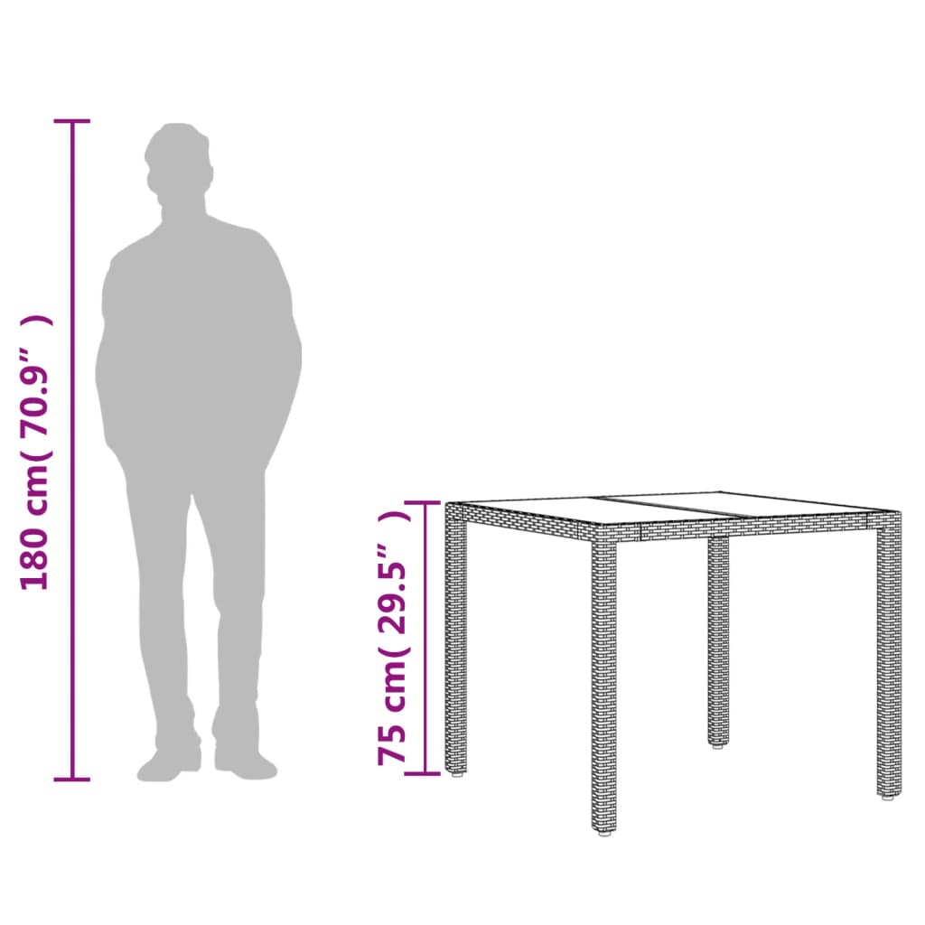 vidaXL Mesa de jardín superficie de vidrio ratán PE gris 90x90x75 cm