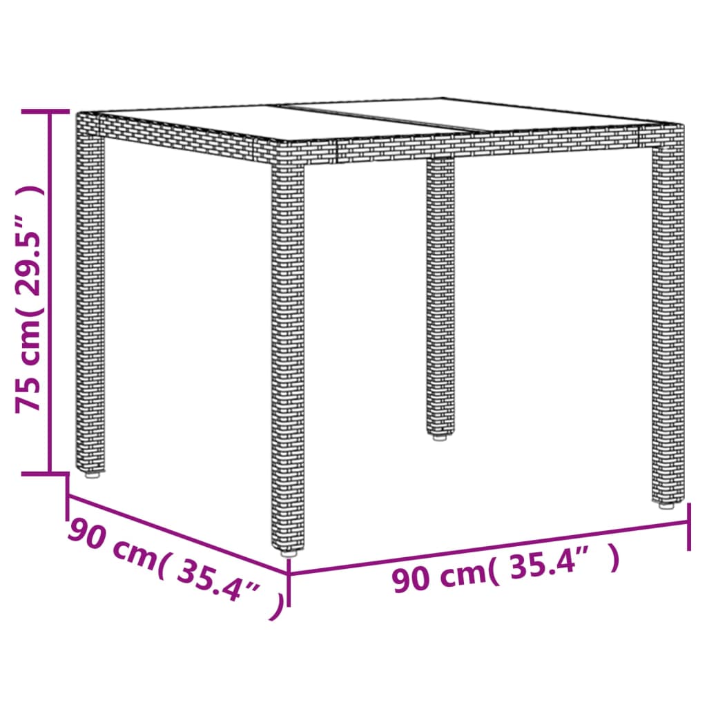 vidaXL Mesa de jardín superficie de vidrio ratán PE gris 90x90x75 cm