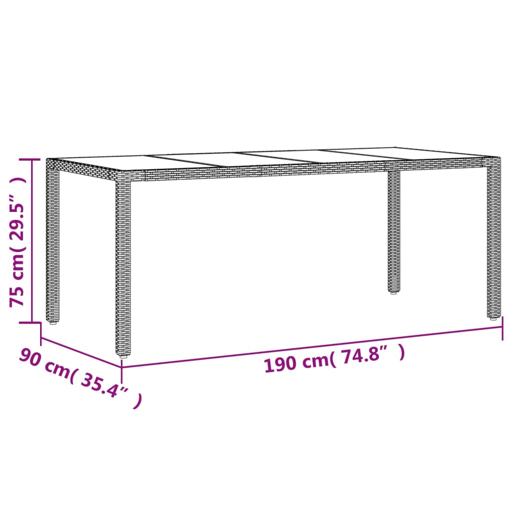 vidaXL Mesa de jardín superficie de vidrio ratán PE beige 190x90x75 cm