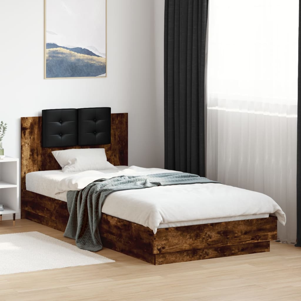 vidaXL Cama con cabecero madera de ingeniería roble ahumado 90x200 cm