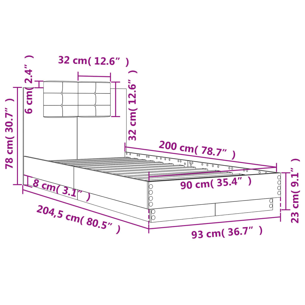 vidaXL Cama con cabecero madera de ingeniería marrón roble 90x200 cm