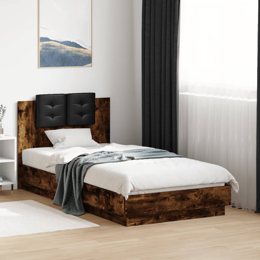 vidaXL Cama con cabecero madera de ingeniería roble ahumado 90x190 cm