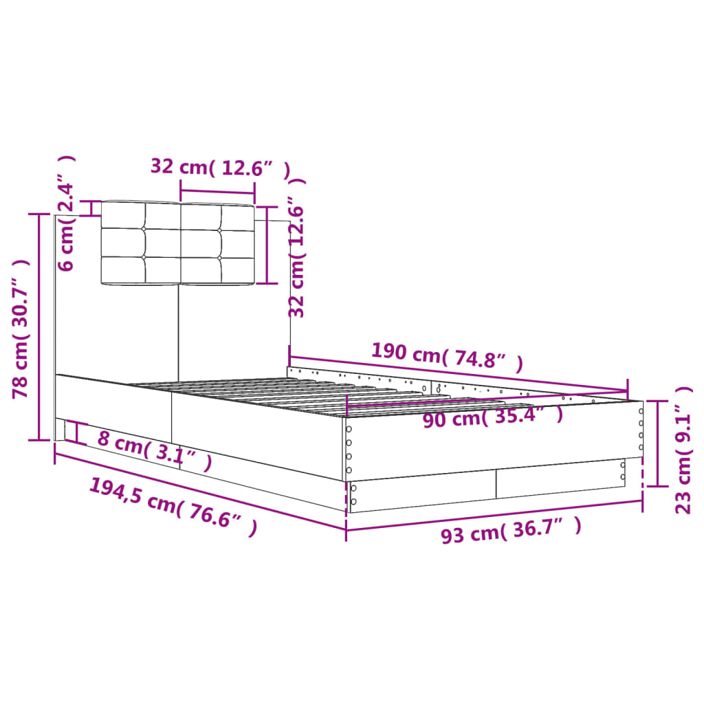 vidaXL Cama con cabecero madera de ingeniería roble ahumado 90x190 cm