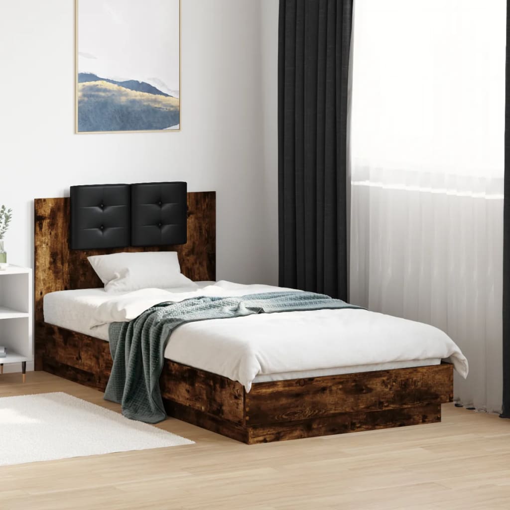 vidaXL Cama con cabecero madera de ingeniería roble ahumado 75x190 cm