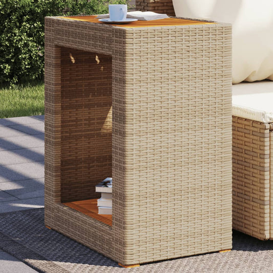 vidaXL Mesa auxiliar jardín tapa madera ratán PE beige 60x40x75 cm