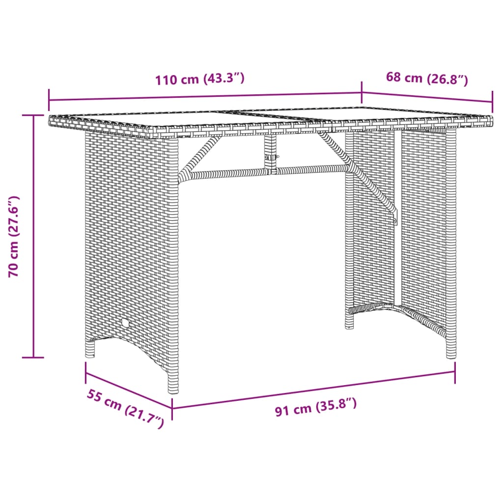 vidaXL Mesa de jardín superficie vidrio ratán PE marrón 110x68x70 cm