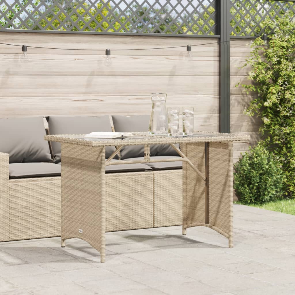 vidaXL Mesa de jardín superficie de vidrio ratán PE beige 110x68x70 cm