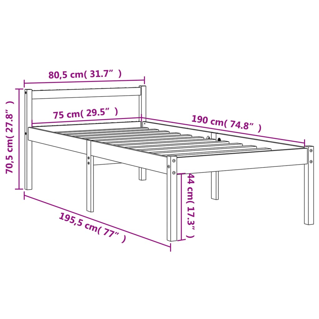 vidaXL Cama para mayores madera maciza de pino marrón cera 75x190 cm