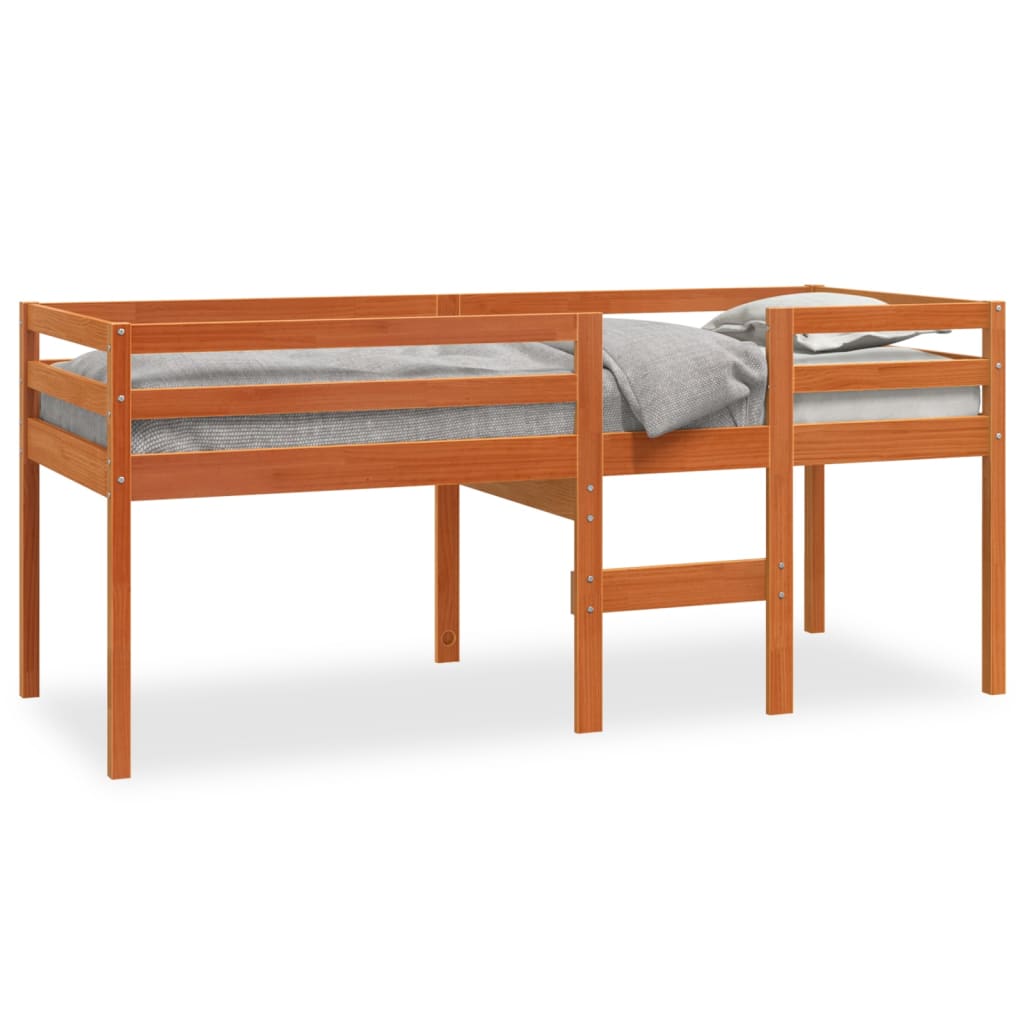 vidaXL Cama alta madera maciza de pino marrón cera 90x200 cm