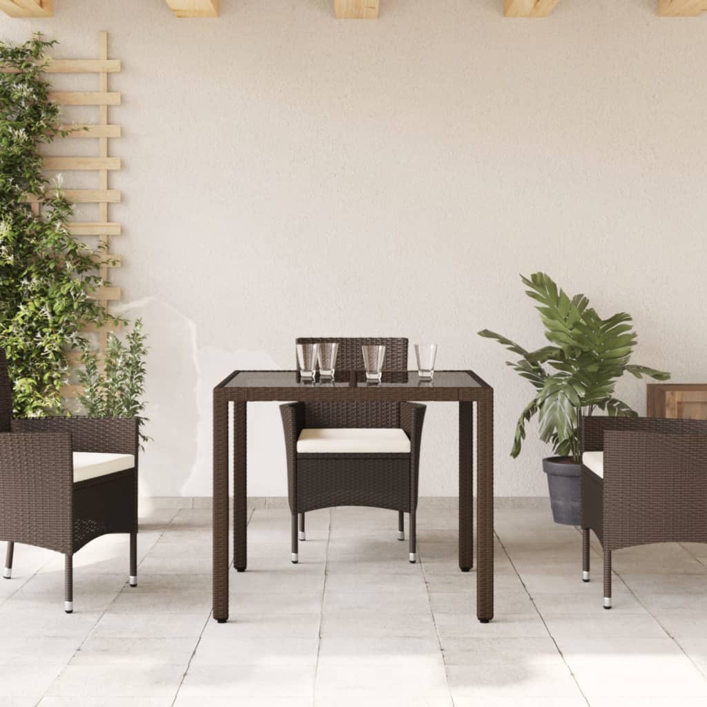 vidaXL Mesa de jardín superficie de vidrio ratán PE marrón 90x90x75 cm