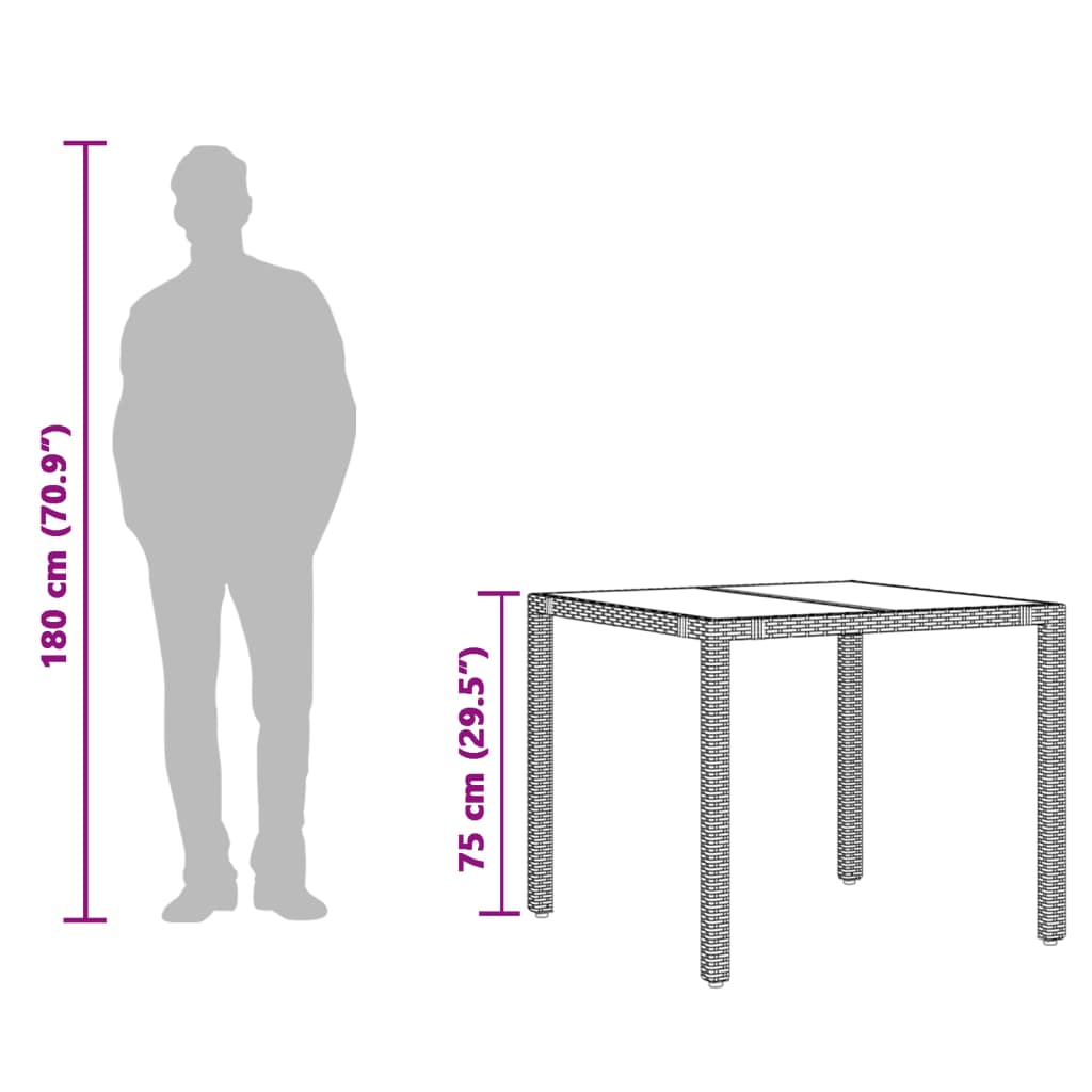 vidaXL Mesa de jardín superficie de vidrio ratán PE marrón 90x90x75 cm