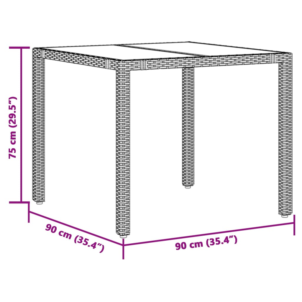 vidaXL Mesa de jardín superficie de vidrio ratán PE marrón 90x90x75 cm