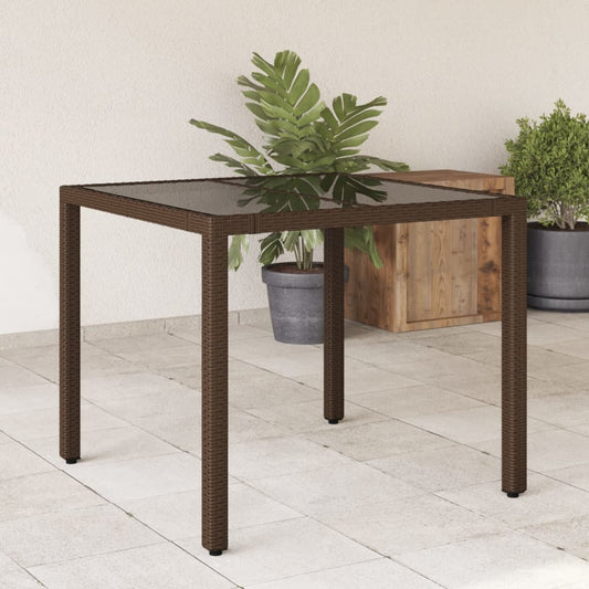 vidaXL Mesa de jardín superficie de vidrio ratán PE marrón 90x90x75 cm