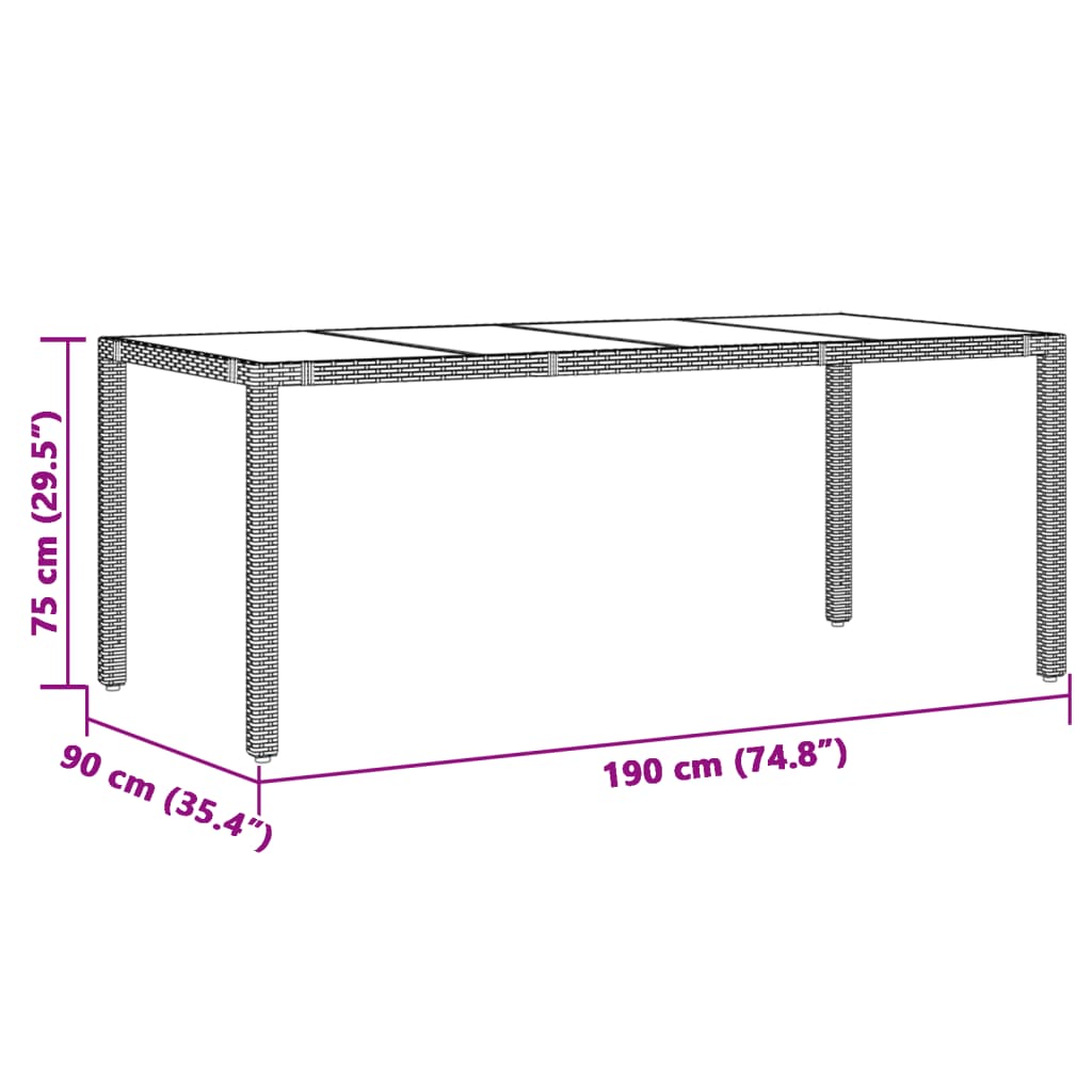 vidaXL Mesa de jardín superficie de vidrio ratán PE marrón 190x90x75cm