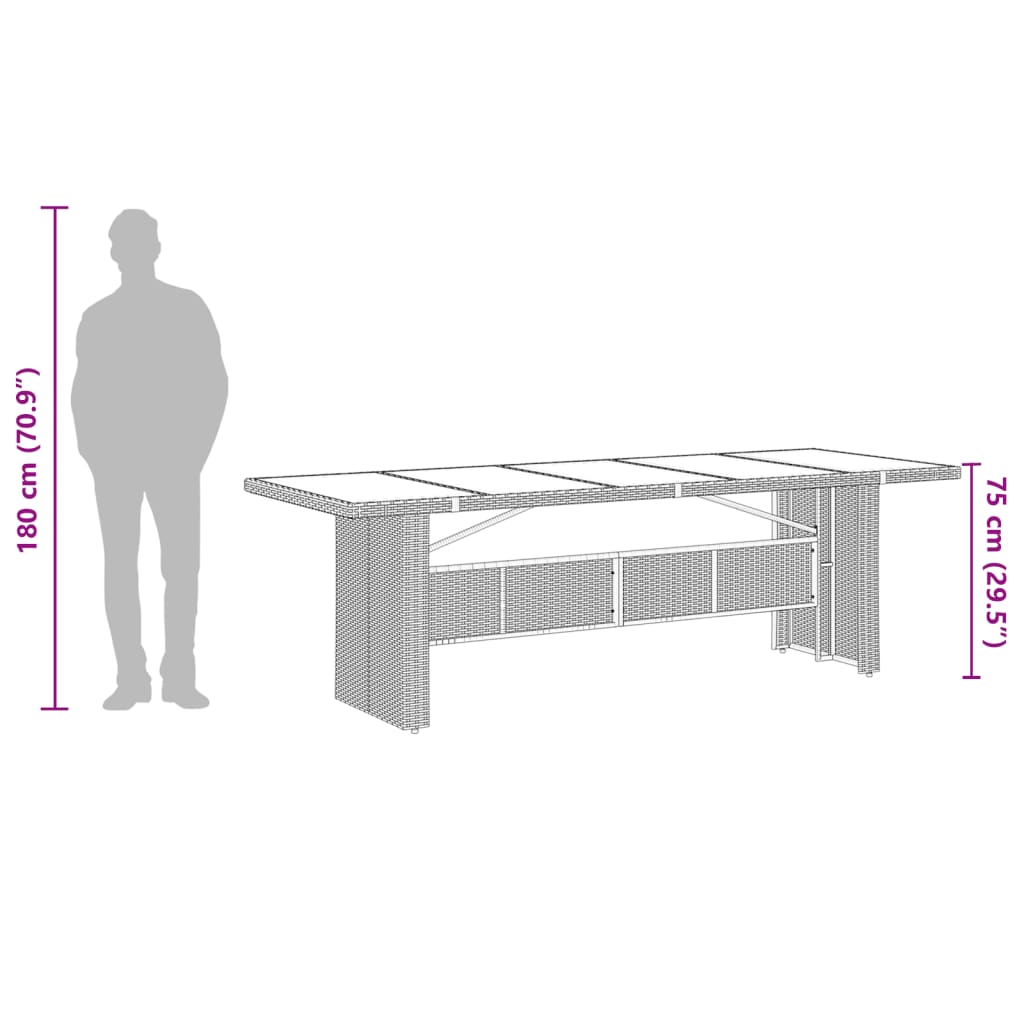 vidaXL Mesa de jardín superficie de vidrio ratán PE marrón 240x90x75cm