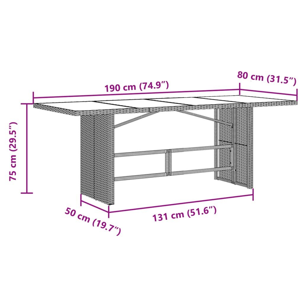 vidaXL Mesa de jardín superficie vidrio ratán PE marrón 190x80x75 cm