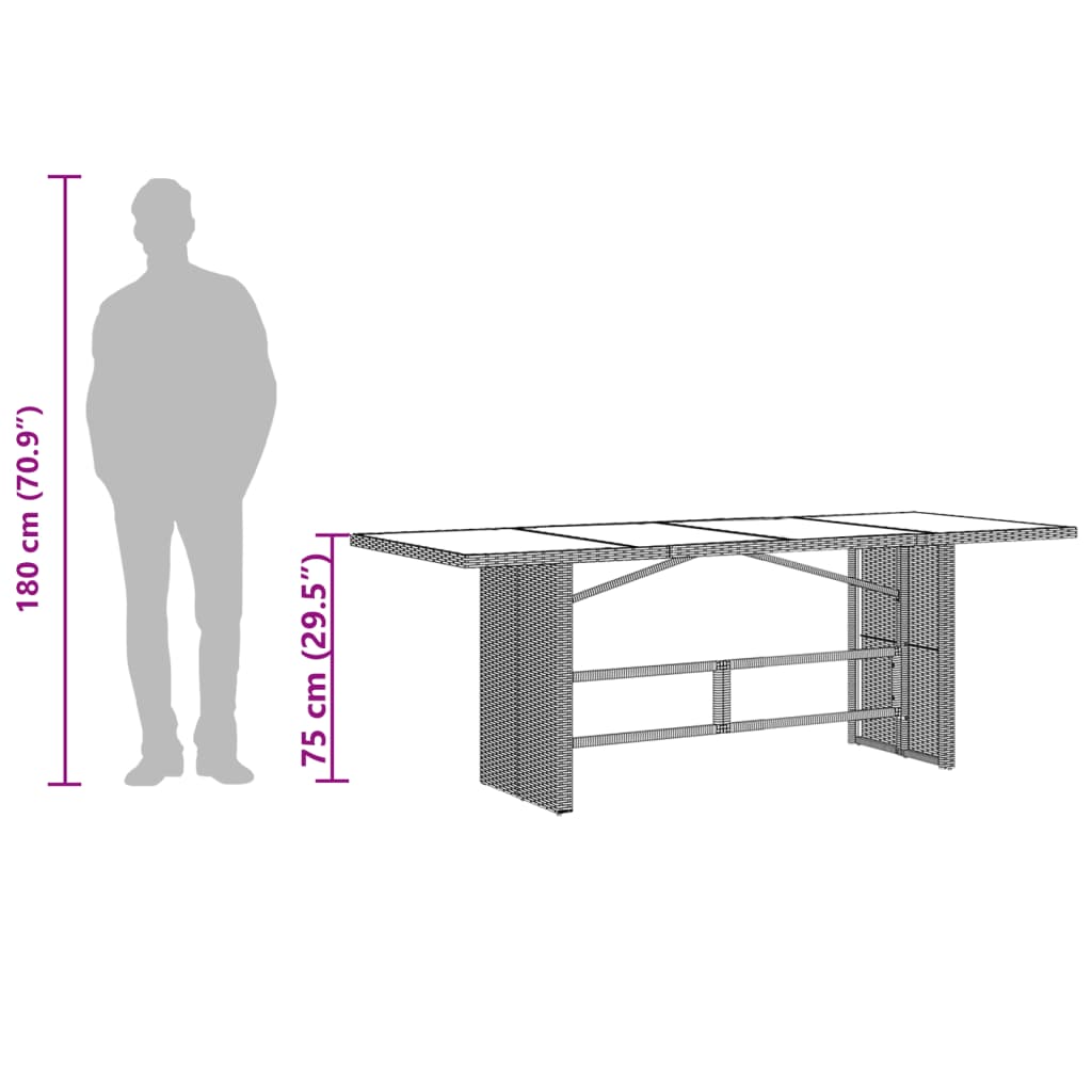 vidaXL Mesa de jardín superficie vidrio ratán PE marrón 190x80x75 cm