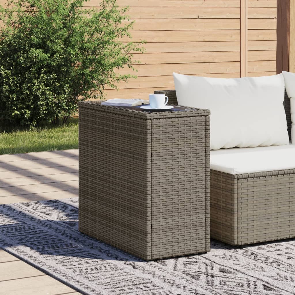 vidaXL Mesa auxiliar jardín tapa vidrio ratán PE gris 58x27,5x55 cm