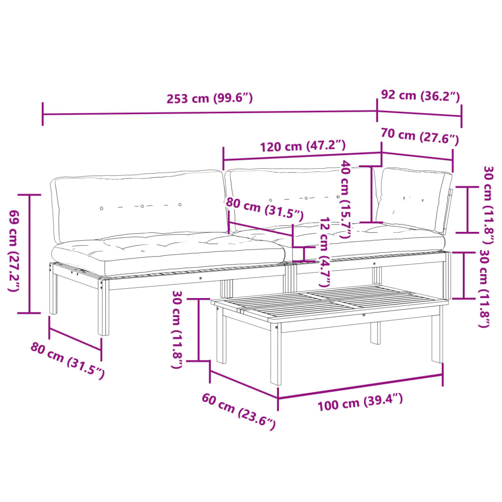 vidaXL Set de sofás de palets de jardín y cojines 3 pzas madera acacia