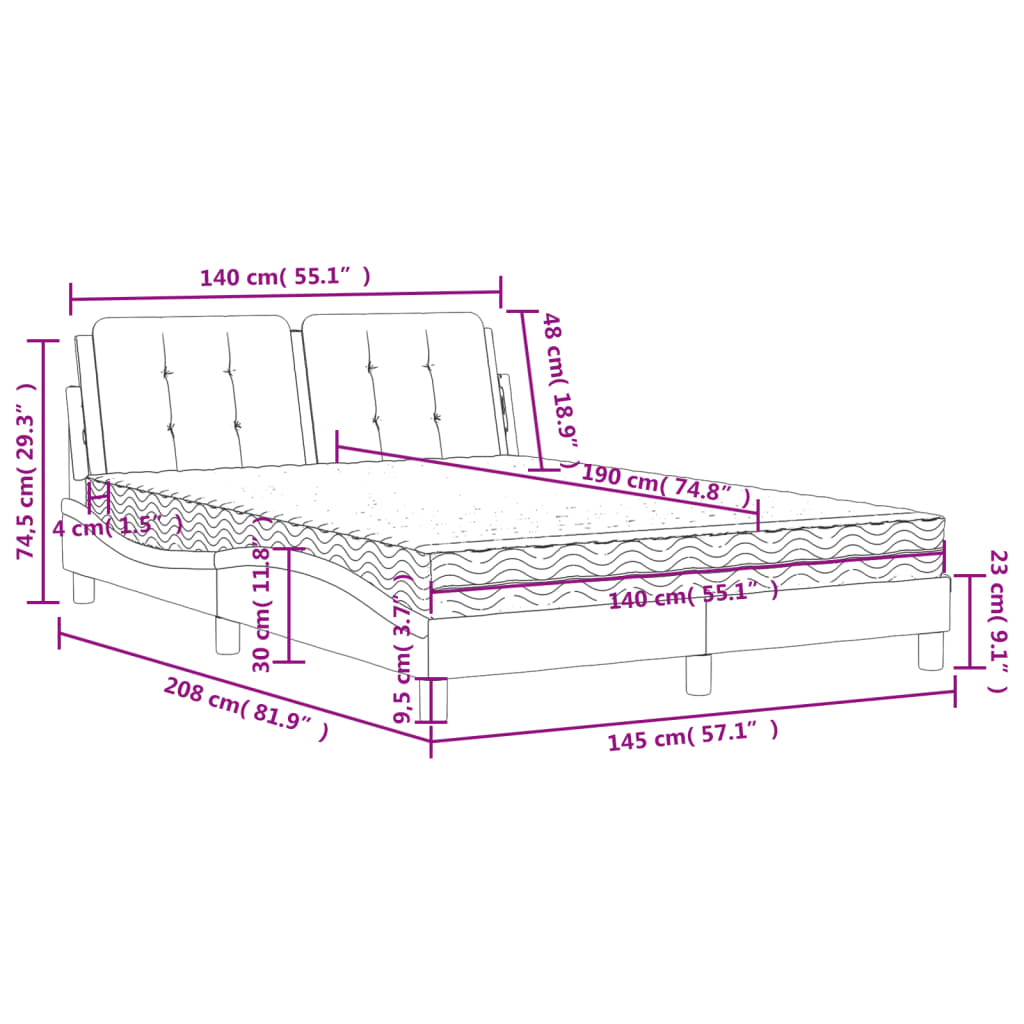 vidaXL Cama con colchón cuero sintético blanco y negro 140x190 cm