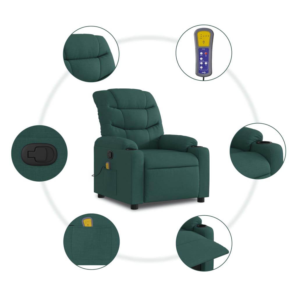 vidaXL Sillón de masaje reclinable de tela verde oscuro