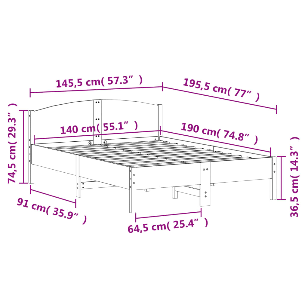 vidaXL Cama sin colchón madera maciza de pino marrón cera 140x190 cm