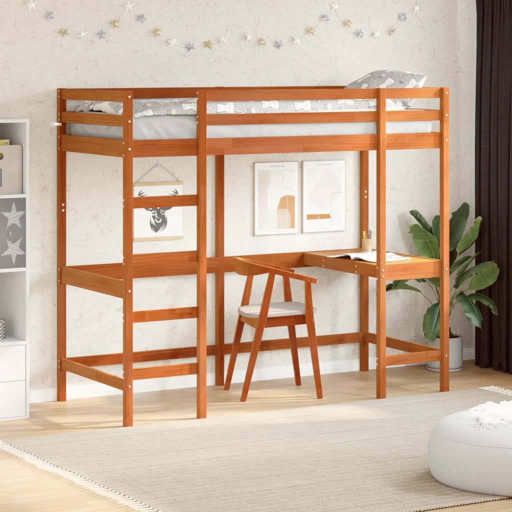 vidaXL Cama alta con escritorio madera maciza pino marrón 80x200 cm