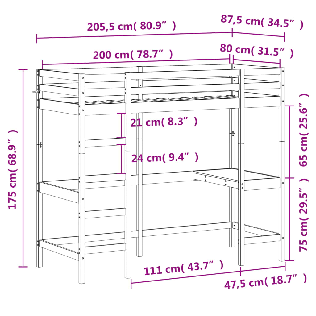 vidaXL Cama alta con escritorio madera maciza pino marrón 80x200 cm