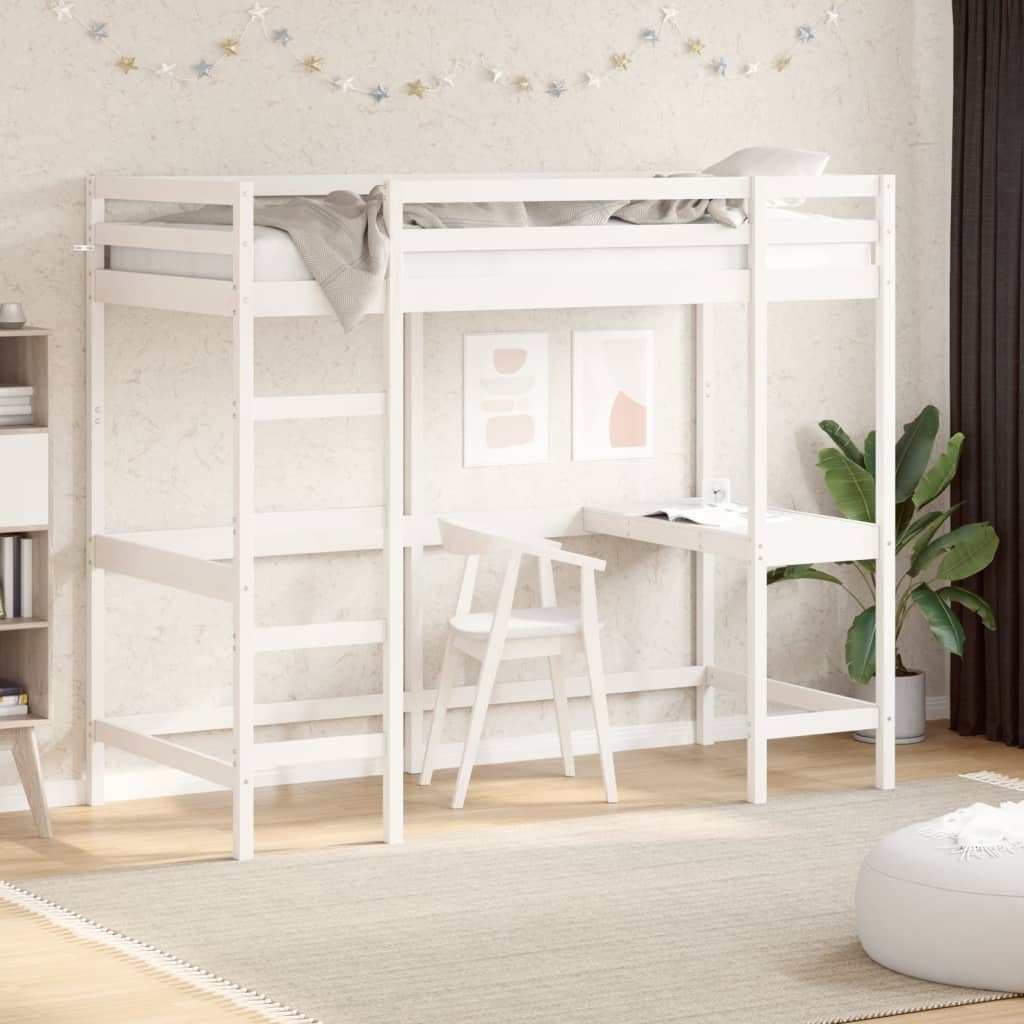 vidaXL Cama alta con escritorio madera maciza pino blanca 90x190 cm