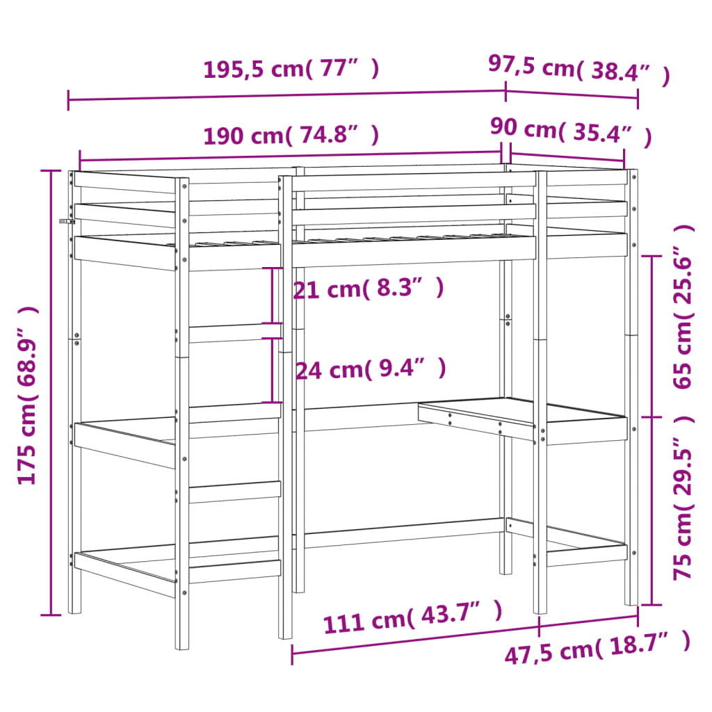 vidaXL Cama alta con escritorio madera maciza pino blanca 90x190 cm