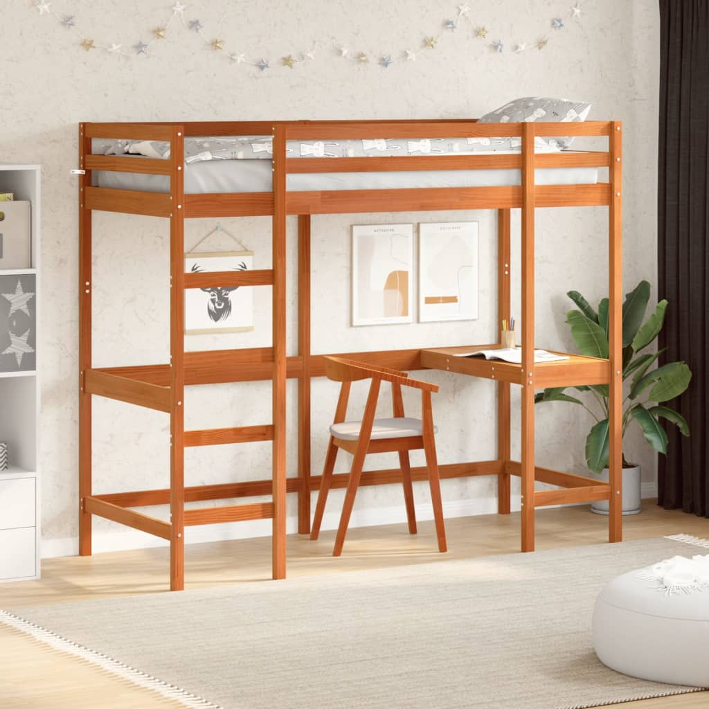 vidaXL Cama alta con escritorio madera maciza pino marrón 75x190 cm