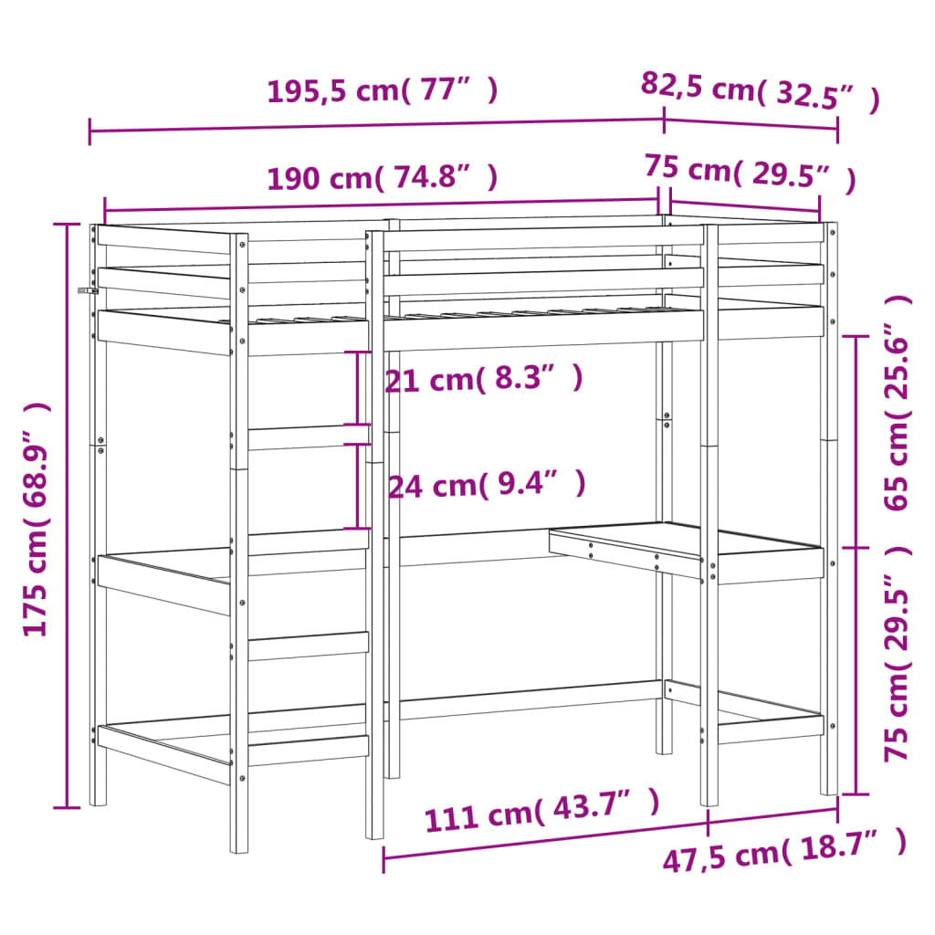 vidaXL Cama alta con escritorio madera maciza pino marrón 75x190 cm