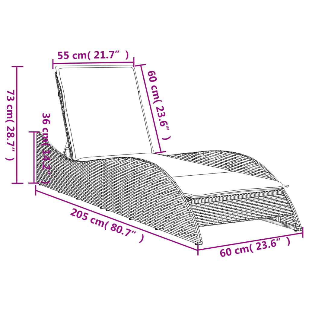 vidaXL Tumbona con cojín ratán sintético marrón 60x205x73 cm