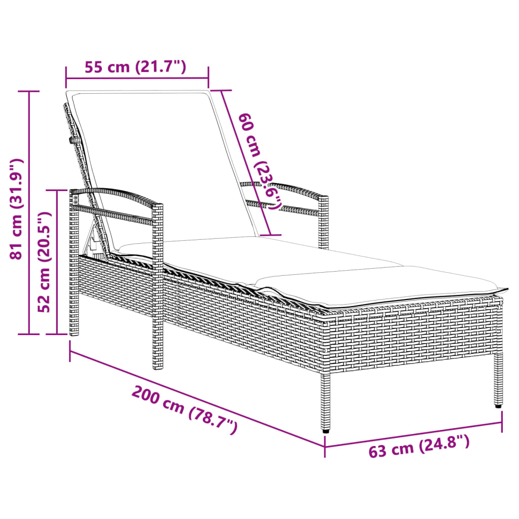 vidaXL Tumbona con cojín ratán sintético marrón 63x200x81 cm