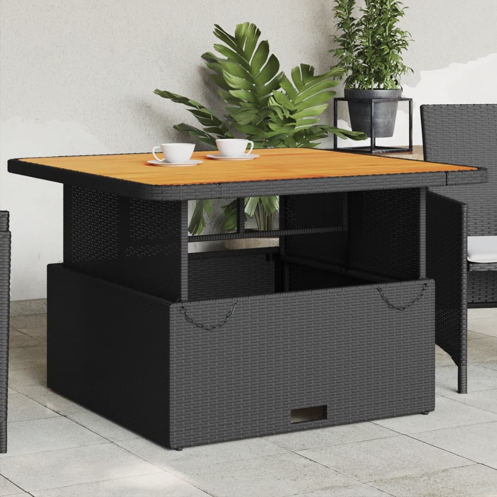 vidaXL Mesa de jardín madera de acacia y ratán PE negro 110x110x71 cm