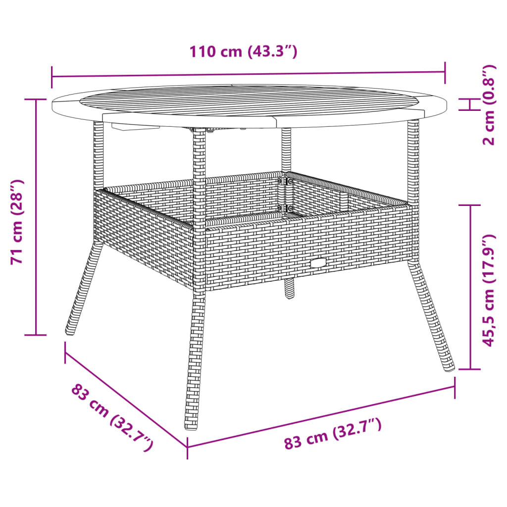 vidaXL Mesa de jardín superficie de madera ratán PE gris Ø110x71 cm