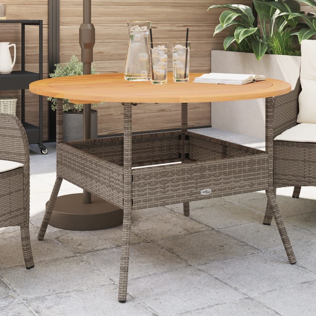 vidaXL Mesa de jardín superficie de madera ratán PE gris Ø110x71 cm