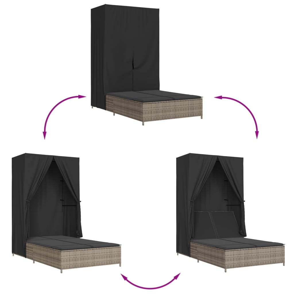 vidaXL Tumbona doble con techo y cortinas ratán sintético gris