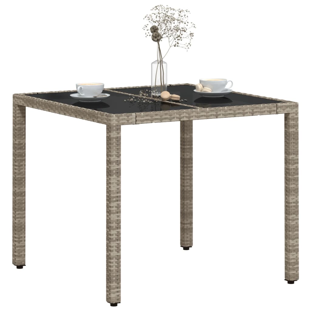 vidaXL Mesa de jardín superficie vidrio ratán PE gris claro 90x90x75cm