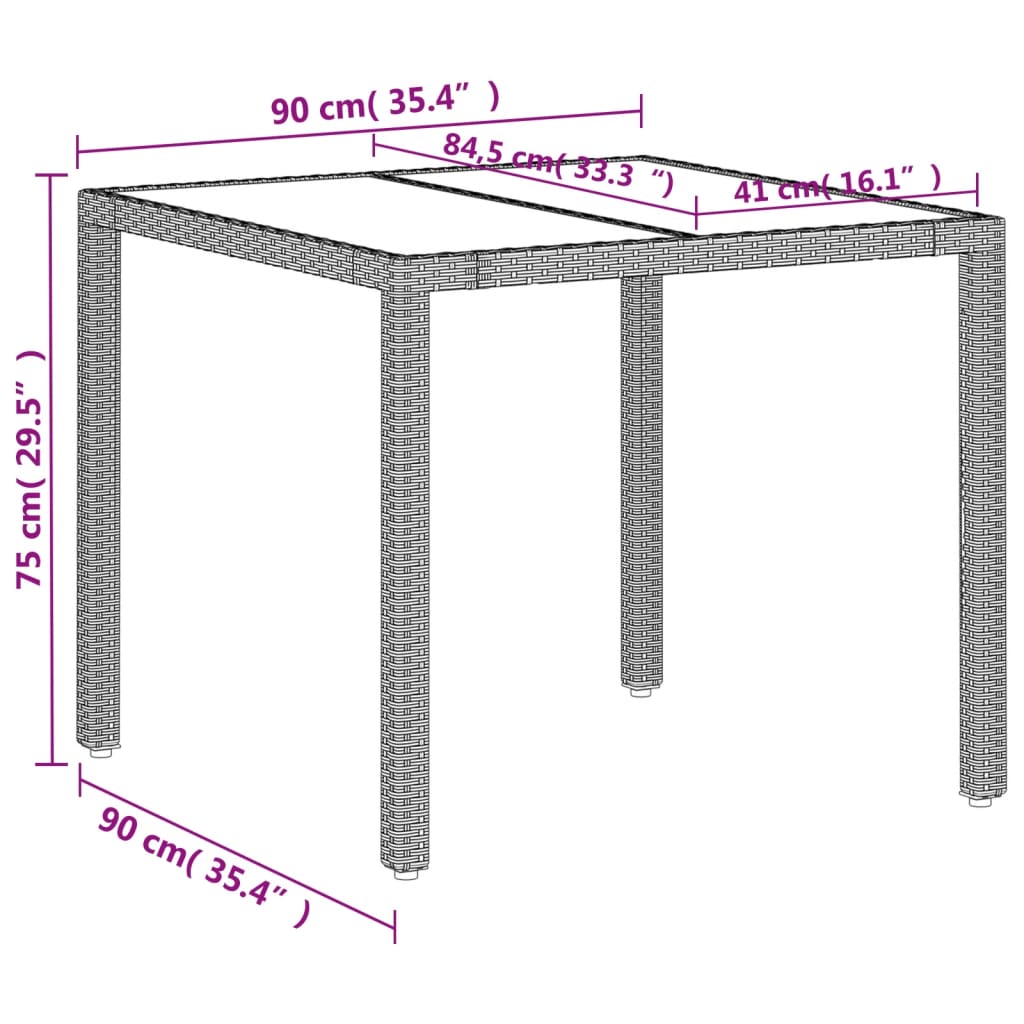 vidaXL Mesa de jardín superficie vidrio ratán PE gris claro 90x90x75cm