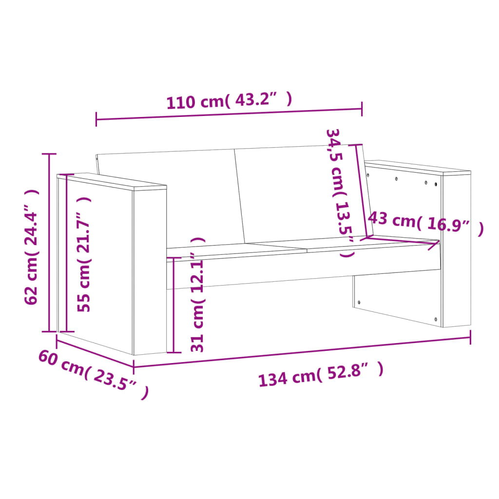 vidaXL Sofá de jardín 2 plazas madera maciza pino blanco 134x60x62 cm