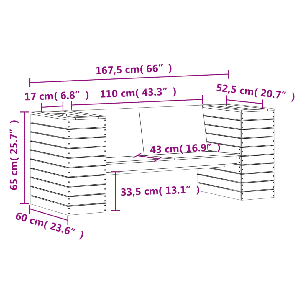 vidaXL Banco con jardineras madera maciza pino blanco 167,5x60x65 cm