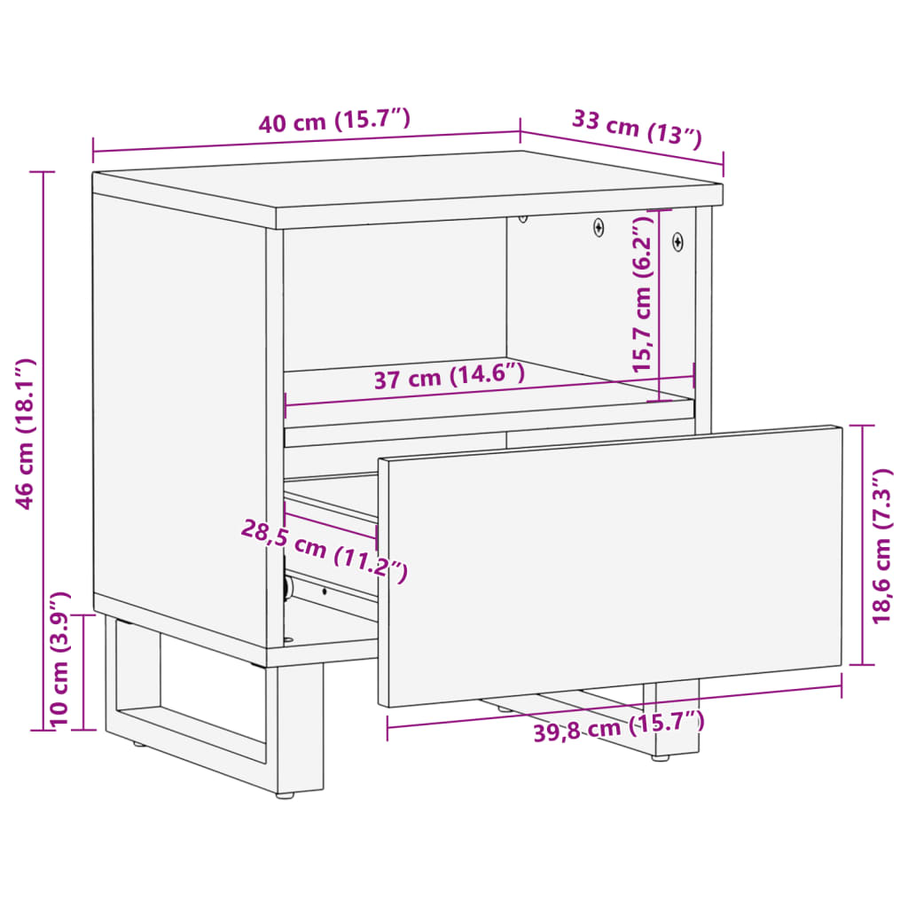 vidaXL Mesita de noche de madera maciza de mango rugosa 40x34x46 cm